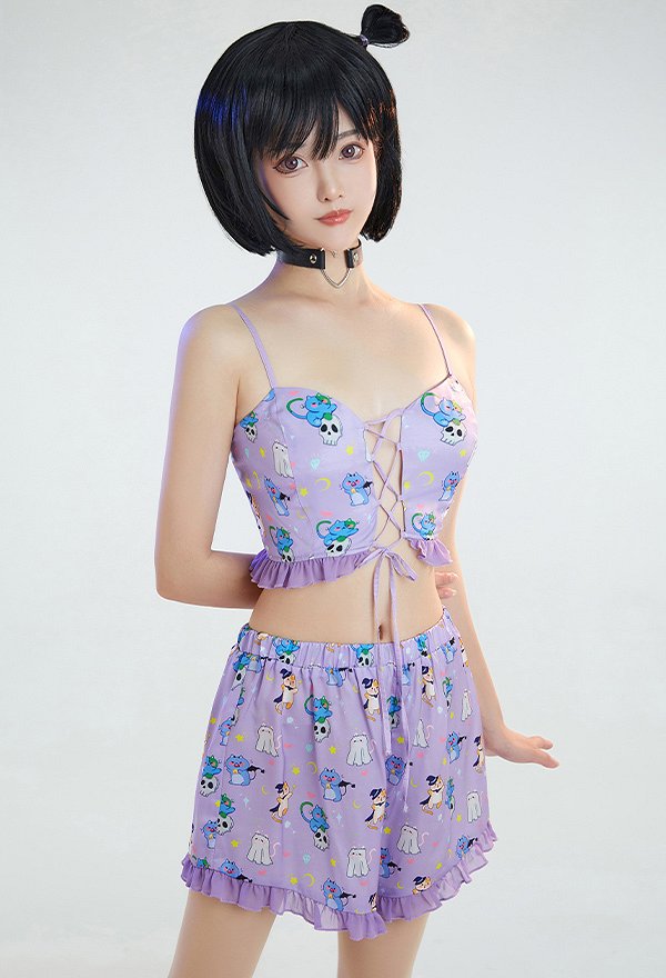 Kawaii Katze Lila Casual Set Hauskleidung Lingerie Crisscross Schnürung Sling Top Kurz Hosen Choker Set