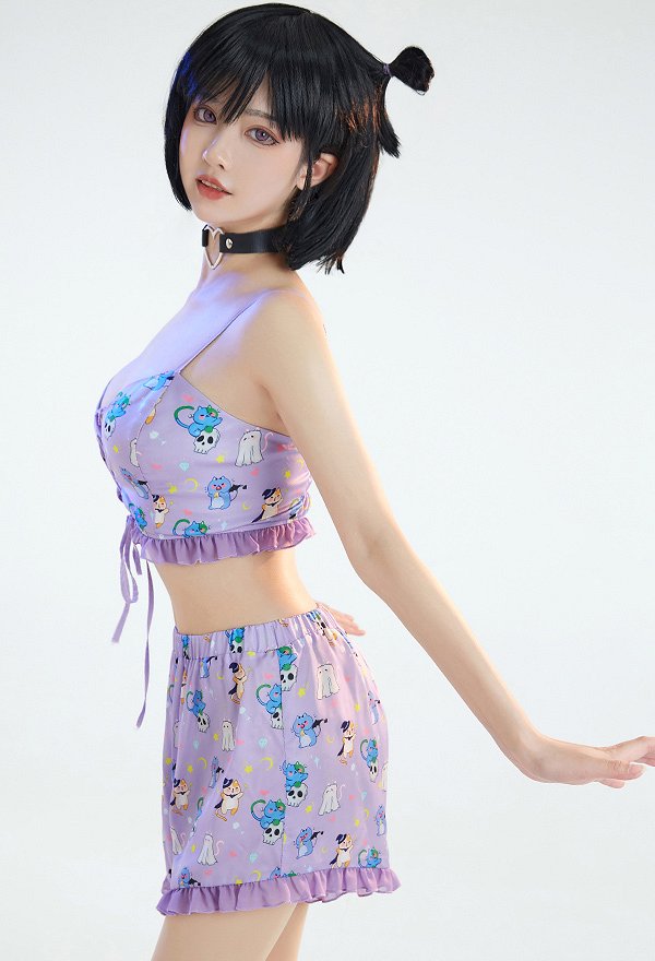Kawaii Katze Lila Casual Set Hauskleidung Lingerie Crisscross Schnürung Sling Top Kurz Hosen Choker Set