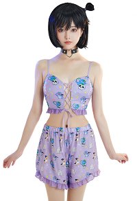 Ensemble de Lingerie Sexy Top Shorts Set Gothique Halloween Motif Chat Fantôme avec Collier