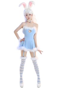 Kiss Tonight Women Sexy Blue Furry Hollow Halter Lingerie Dress