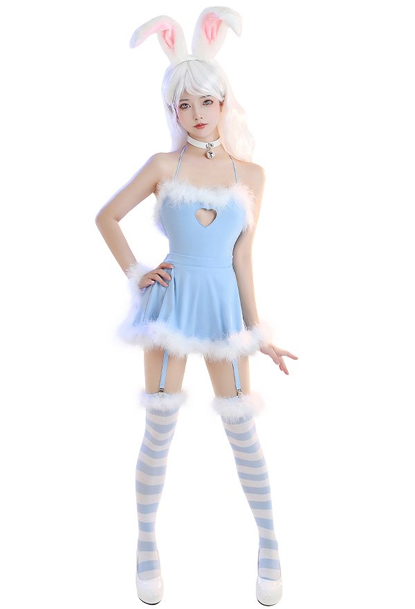 Bunny Girl Sexy Lencería Conjunto Homewear Body Hueco Hueco Corazón Peludo Azul con Falda y Medias a Rayas