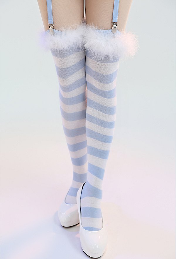 Bunny Girl Sexy Lencería Conjunto Homewear Body Hueco Hueco Corazón Peludo Azul con Falda y Medias a Rayas