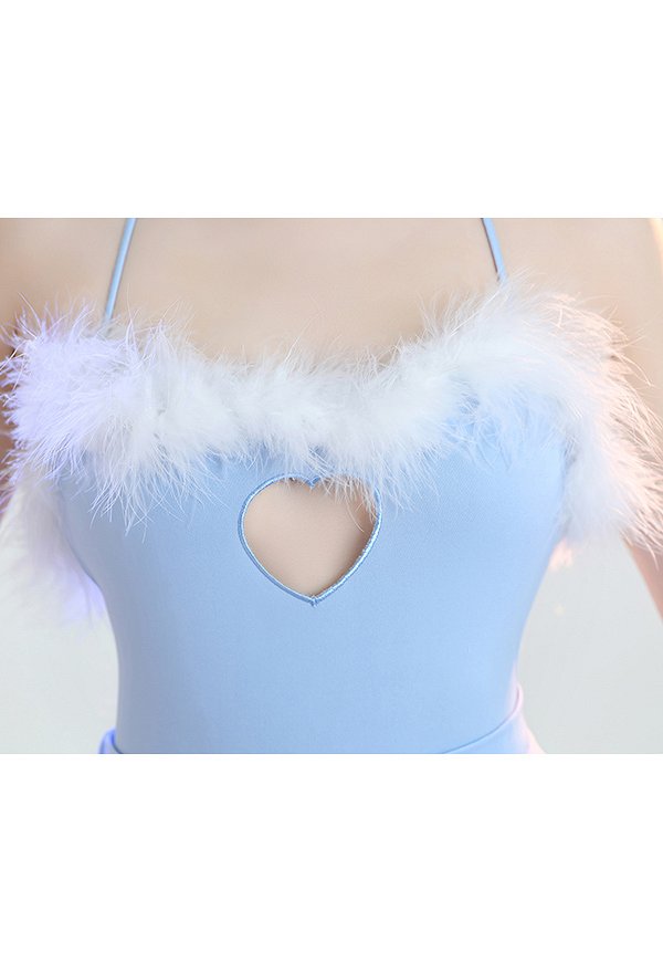 Bunny Girl Sexy Lencería Conjunto Homewear Body Hueco Hueco Corazón Peludo Azul con Falda y Medias a Rayas