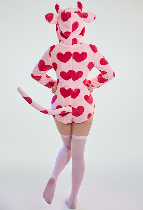 Kawaii Cow Style Fluffy Bodycon Romper Pajama Heart Print Long Sleeve Zipper Bodycon Jumpsuit Sleepwear with Choker and Socks
