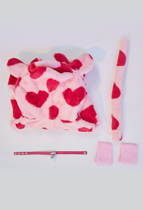 Kawaii Cow Style Fluffy Bodycon Romper Pajama Heart Print Long Sleeve Zipper Bodycon Jumpsuit Sleepwear with Choker and Socks