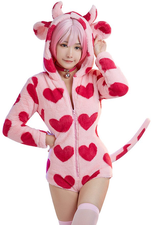 Kawaii Cow Style Fluffy Bodycon Romper Pajama Heart Print Long Sleeve Zipper Bodycon Jumpsuit Sleepwear with Choker and Socks