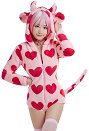 Kawaii Cow Style Fluffy Bodycon Romper Pajama Heart Print Long Sleeve Zipper Bodycon Jumpsuit Sleepwear with Choker and Socks