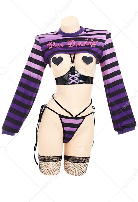 SUGAR BABY Yes Daddy Halloween Gótico Lencería Sexy Blusa Corta a Rayas y Bragas con Medias de Rejilla y Corsé
