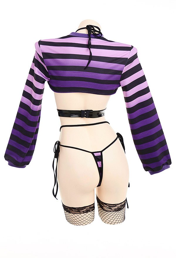 SUGAR BABY Yes Daddy Halloween Gótico Lencería Sexy Blusa Corta a Rayas y Bragas con Medias de Rejilla y Corsé