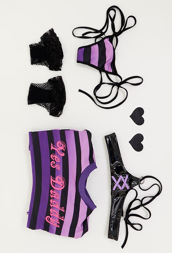 SUGAR BABY Yes Daddy Halloween Gótico Lencería Sexy Blusa Corta a Rayas y Bragas con Medias de Rejilla y Corsé
