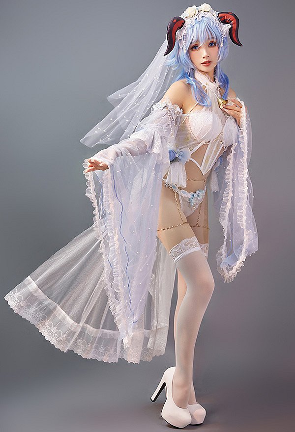 Ganyu Derivative Sexy Lingerie Set Conjunto de Top y Braga de Estilo de Boda con Velo y Medias de Muslo