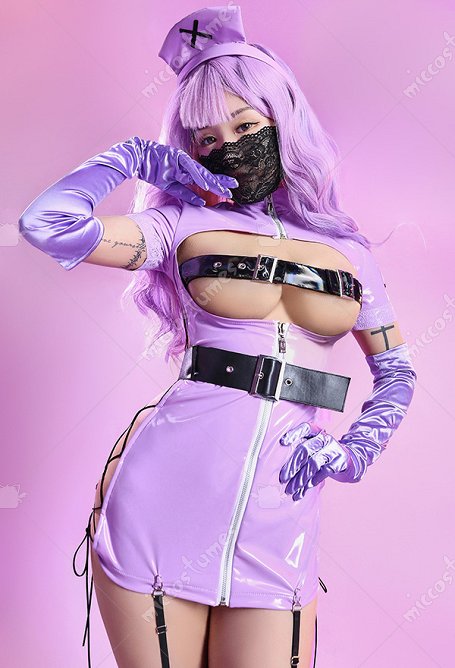 Disfraz de Enfermera Sexy Púrpura de Halloween con Cinturón y Máscara Facial Vestido con Cordones de Estilo de Pecho Abierto