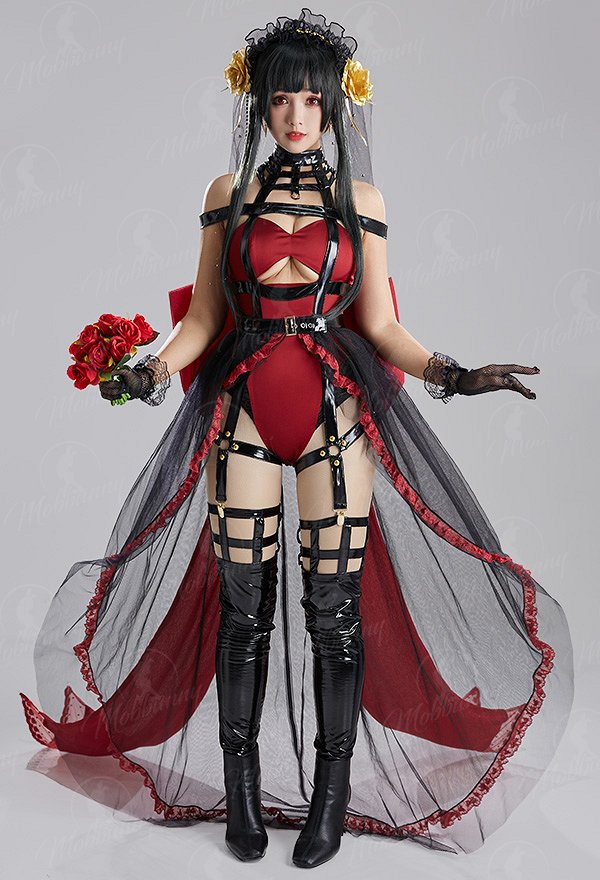 Yor Derivative Halloween Traje de Novia Negro y Rojo Lencería Sexy Body de Novia con Gran Espalda Bowknot y Velo