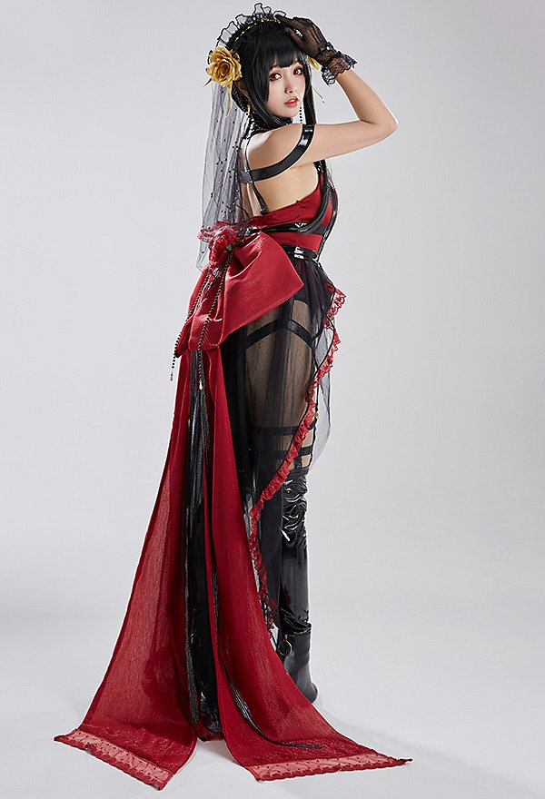 Yor Derivative Halloween Traje de Novia Negro y Rojo Lencería Sexy Body de Novia con Gran Espalda Bowknot y Velo