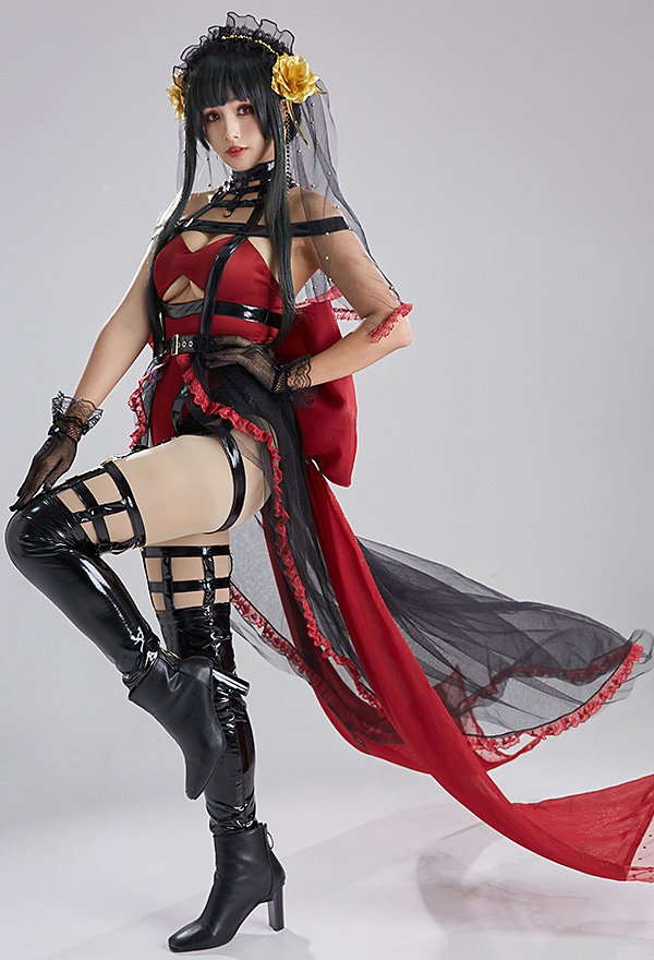 Yor Derivative Halloween Traje de Novia Negro y Rojo Lencería Sexy Body de Novia con Gran Espalda Bowknot y Velo