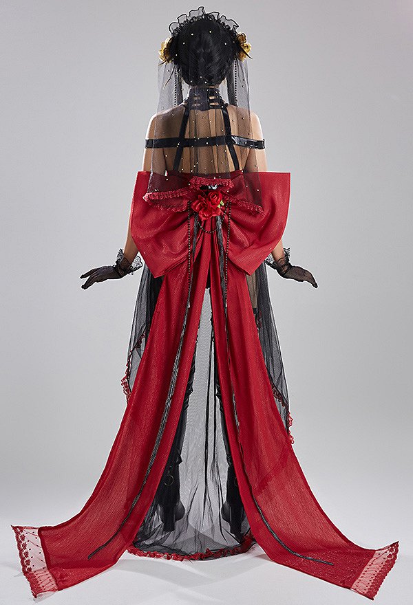 Yor Derivative Halloween Traje de Novia Negro y Rojo Lencería Sexy Body de Novia con Gran Espalda Bowknot y Velo