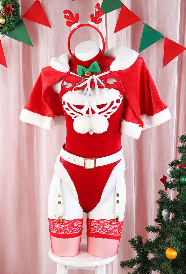 Lingerie Sexy Set de Noël 2B Dérivé Bodysuit rouge avec cape courte et gants Chaussettes de cuisse