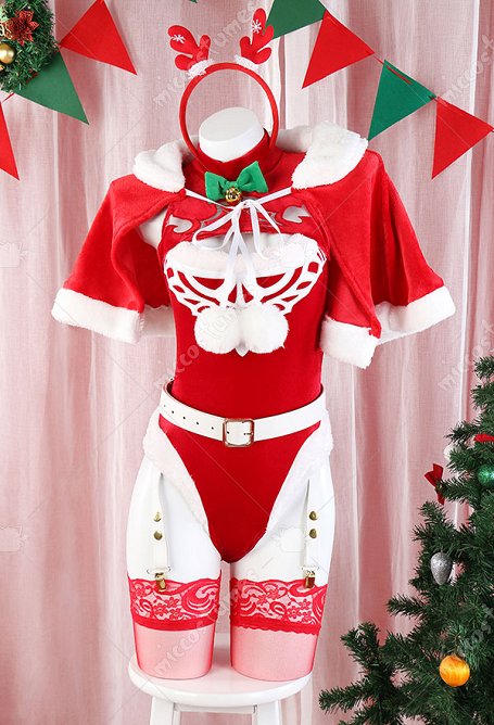 Sexy 2B Weihnachten Bodysuit Lingerie Cutout Kurz Umhang Stirnband Handschuhe Socken Dessous Set