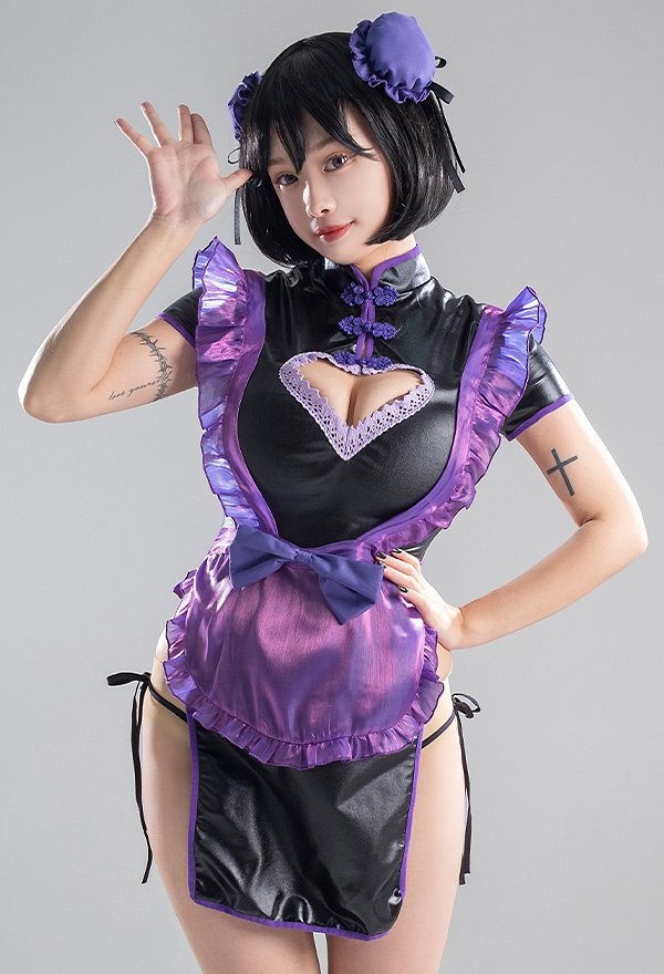 Sexy Lingerie Set Purple Maid Style Chest Open Cheongsam Dress with Apron Thong Sexy Lingerie Set Purple Maid Style Chest Open Cheongsam Dress with Apron Thong