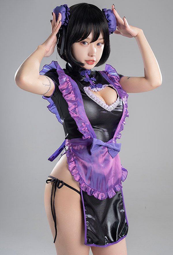 Sexy Lingerie Set Purple Maid Style Chest Open Cheongsam Dress with Apron Thong Sexy Lingerie Set Purple Maid Style Chest Open Cheongsam Dress with Apron Thong