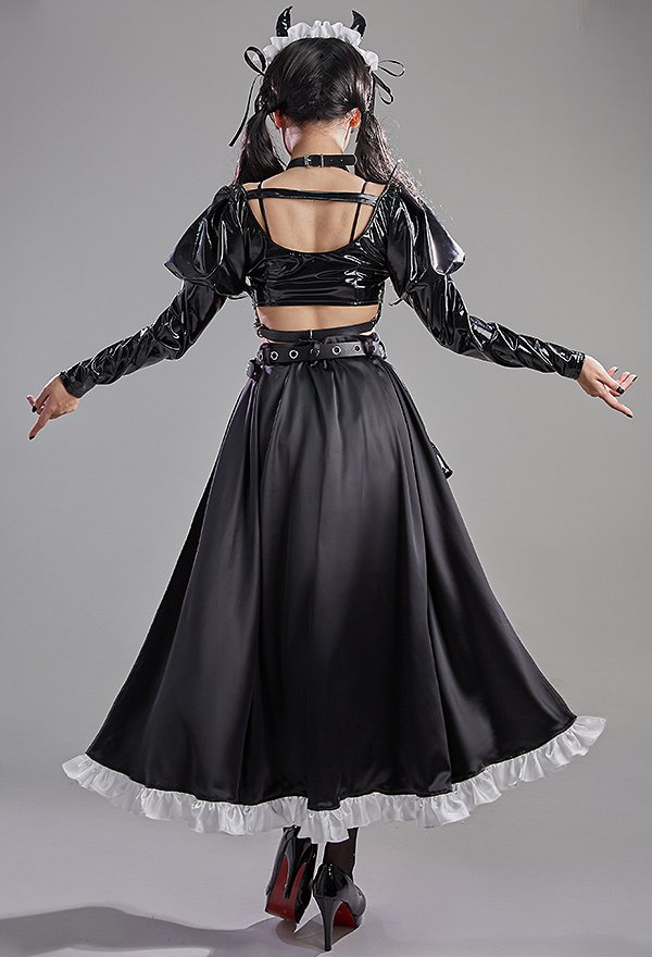 Maid Style Sexy Lingerie Set Hollow Chest Top and Skirt Set with Bra and Headband