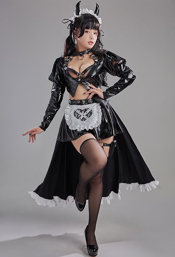 Maid Style Sexy Lingerie Set Hollow Chest Top and Skirt Set with Bra and Headband