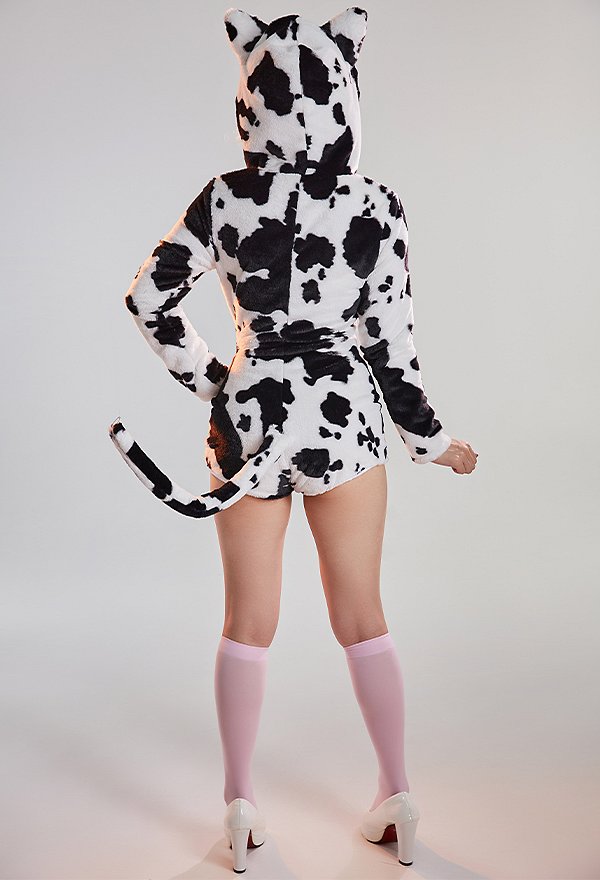 Kawaii Fluffy Bodycon Romper Pajama Black White Cow Pattern Long Sleeve Zipper Bodycon Jumpsuit Sleepwear with Choker Socks and Tail