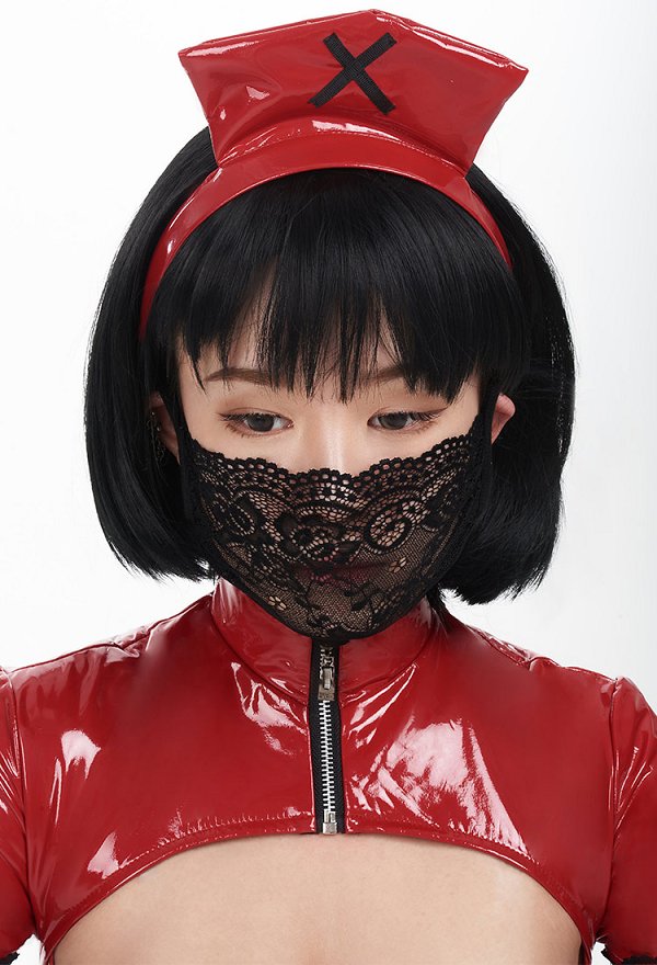 Halloween Sexy Nurse Costume with Belt and Face Mask Lace-up Nurse Lingerie Dress Open Chest Style Black and Red