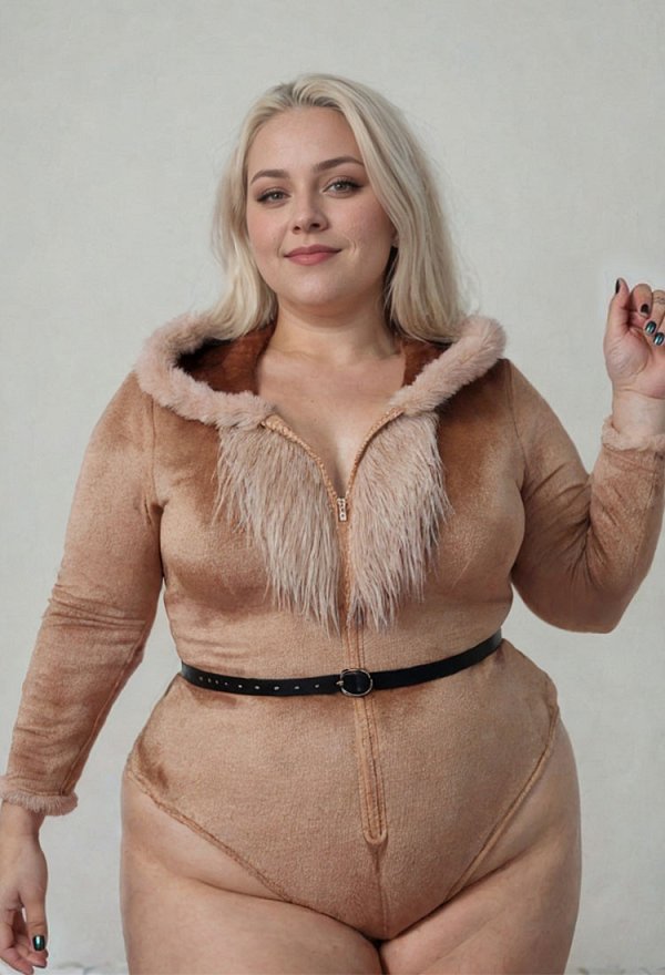 Body de lencería sexy derivado de PM de talla grande mono con capucha esponjosa y calcetines con cinturón y cola