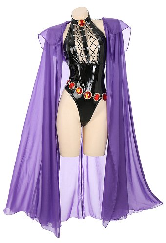 Mono de Cuero de PU Gótico Sexy Negro sin Espalda Frente Hueco con Abertura Alta con Capa y Cadena