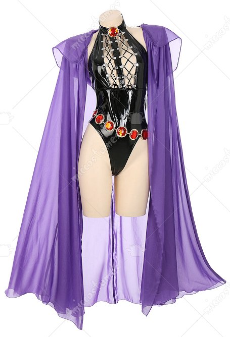 Mono de Cuero de PU Gótico Sexy Negro sin Espalda Frente Hueco con Abertura Alta con Capa y Cadena