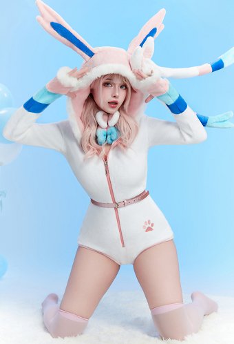 Sylveon Derivado Sexy Peludo Conjunto de Halloween de Cuello en Profundo V Kawaii Lencería con Gargantilla y Calcetines