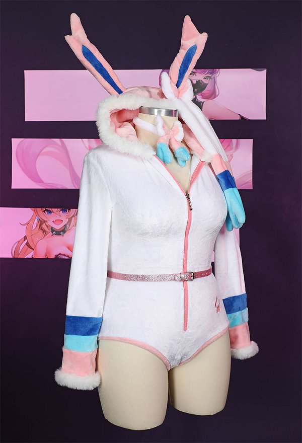 Plus Size PM Derivative Fluffy Bodycon Rompers Halloween Kawaii Hooded Bodysuit Lingerie Homewear with Choker and Socks