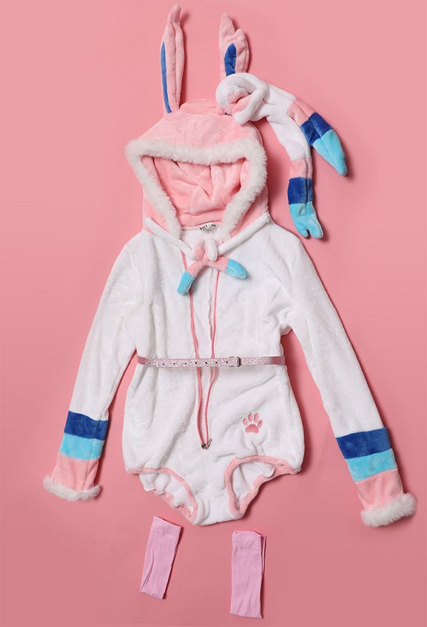 Plus Size PM Derivative Fluffy Bodycon Rompers Halloween Kawaii Hooded Bodysuit Lingerie Homewear with Choker and Socks