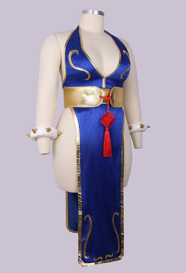 Más Tamaño Chun Li Derivado Sexy Lencería Conjunto Profundo V Alta Split Cheongsam Vestido con Cinturón Anillos de Mano