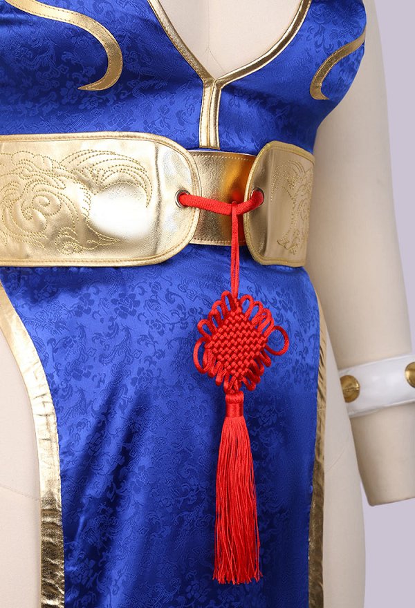 Más Tamaño Chun Li Derivado Sexy Lencería Conjunto Profundo V Alta Split Cheongsam Vestido con Cinturón Anillos de Mano