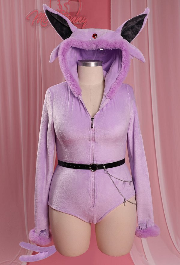 Übergröße PM Derivative Lila Bodysuit Kawaii Ohr Schwanz Lingerie High Cut Katzenpfote Dessous