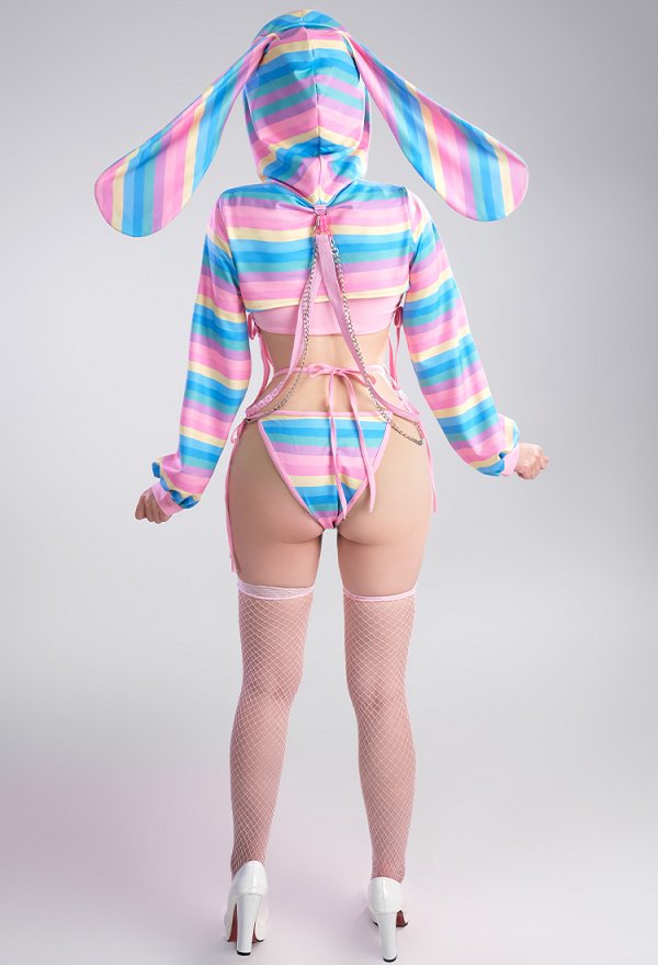 Sexy Regenbogen Kurzes Kapuzenpulli Dessous Hasen Ohr Hoodie mit Kapuzen Schnürung Tanga Crop Top Criss Cross Lingerie Netzstrümpfe Sexy Regenbogen Kurzes Kapuzenpulli Dessous Hasen Ohr Hoodie mit Kapuzen Schnürung Tanga Crop Top Criss Cross Lingerie Netzstrümpfe