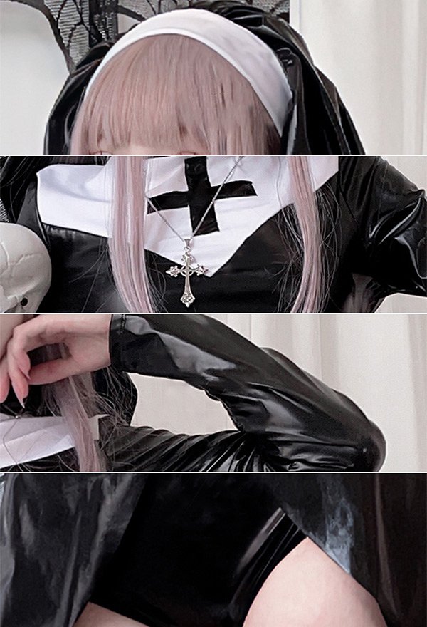 Costume de Lingerie Sexy de Nonne d'halloween Robe Gothique Noire avec Bas Couvre-chef