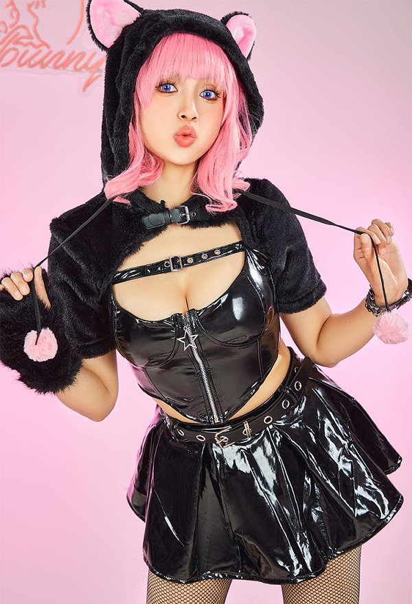 Sexy Kawaii Katez Set Lingerie Brust Cutout Crop Top Rock Anzug Dessous mit Katzenpfote Handschuhe Gürtel Netzstrümpfe