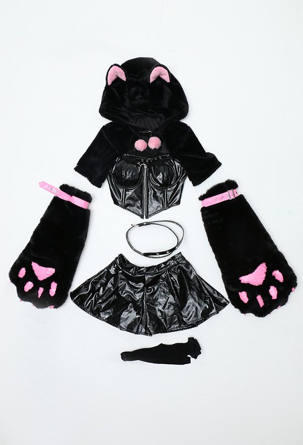 Sexy Kawaii Katez Set Lingerie Brust Cutout Crop Top Rock Anzug Dessous mit Katzenpfote Handschuhe Gürtel Netzstrümpfe