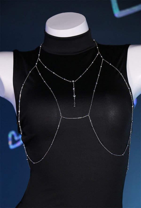 Guitar Sister Side Hollowed Turtleneck Sexy Long Dress and Gloves with Body Chain