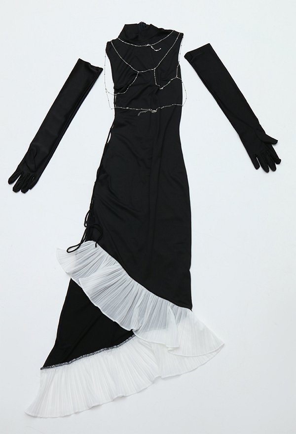 Guitar Sister Side Hollowed Turtleneck Sexy Long Dress and Gloves with Body Chain