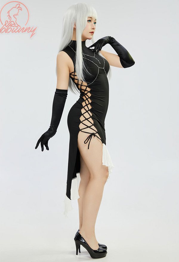 Guitar Sister Side Hollowed Turtleneck Sexy Long Dress and Gloves with Body Chain