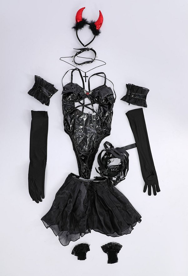 Succubus Devil Sexy See-through Lingerie Set with Headband Choker Gloves and Stockings
