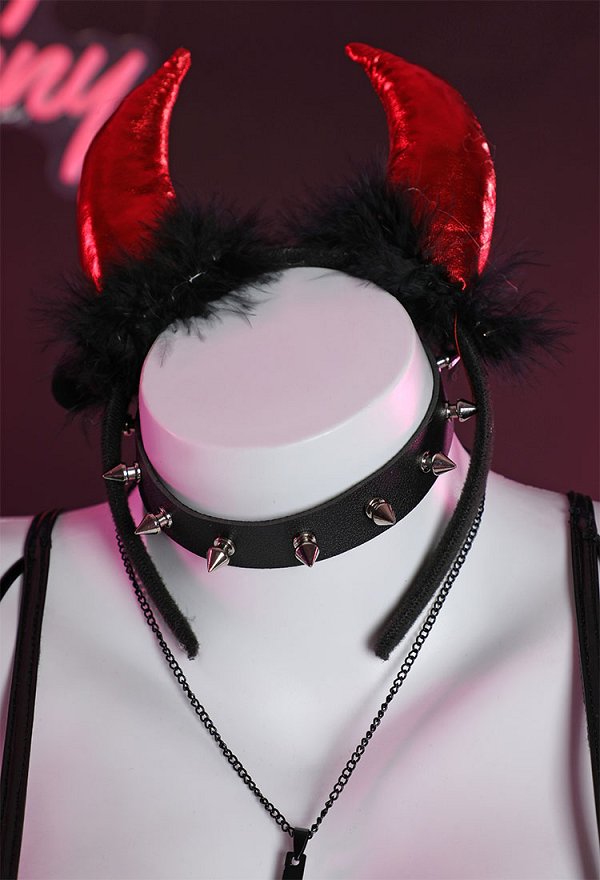 Succubus Devil Sexy See-through Lingerie Set with Headband Choker Gloves and Stockings