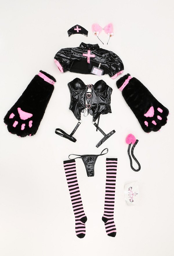 Disfraz de Cosplay Devil Cat Nurse Style Sexy Lencería Conjunto Corsé y Braga con Garras y Calcetines de Muslo