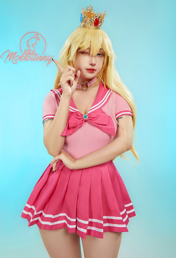 Peach Derivative Sexy Lingerie Bodysuit and Skirt with Choker and Socks