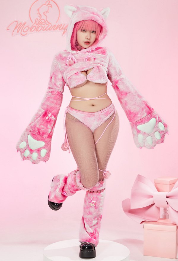 Sexy Bikini Lingerie Set Pink Cat Style Furry Top and Panty with Paws and Fishnet Stockings Sexy Bikini Lingerie Set Pink Cat Style Furry Top and Panty with Paws and Fishnet Stockings