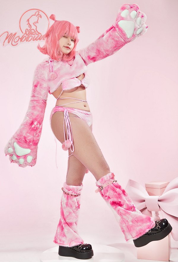 Sexy Bikini Lingerie Set Pink Cat Style Furry Top and Panty with Paws and Fishnet Stockings Sexy Bikini Lingerie Set Pink Cat Style Furry Top and Panty with Paws and Fishnet Stockings